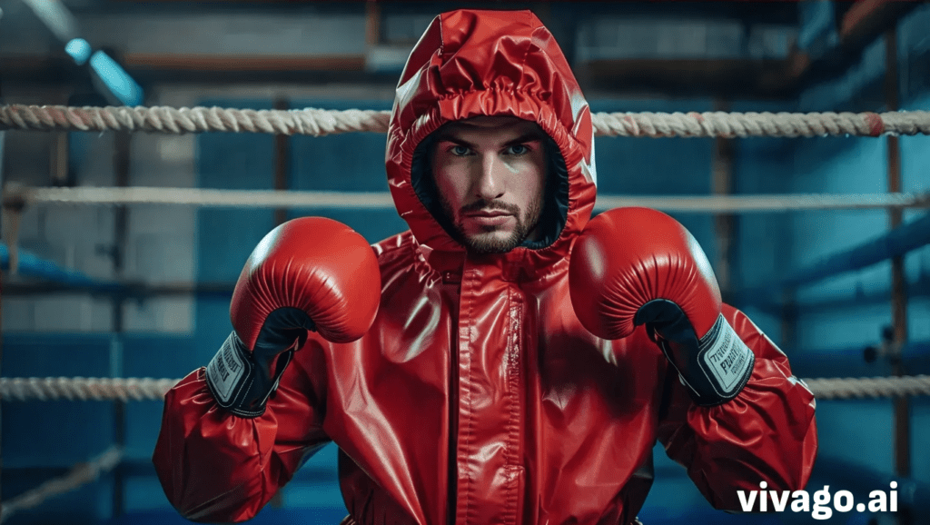 Boxeador usando un traje de sauna o "sauna suit" rojo