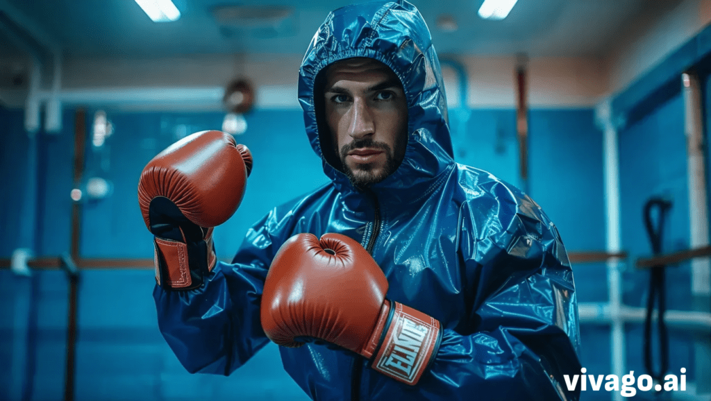 Boxeador usando un traje de sauna o "sauna suit"azul