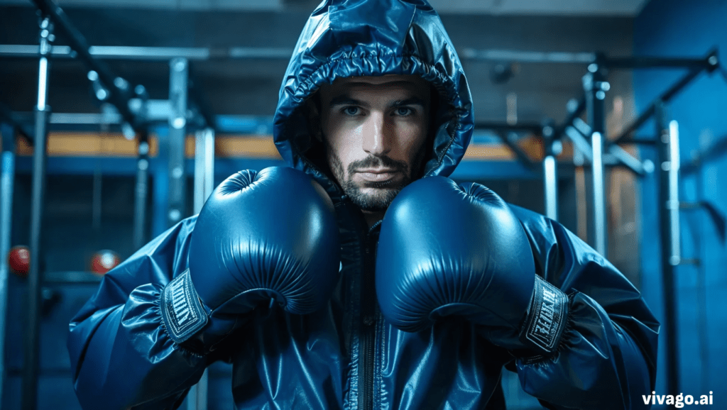 Boxeador usando un traje de sudoración o "sauna suit"azul