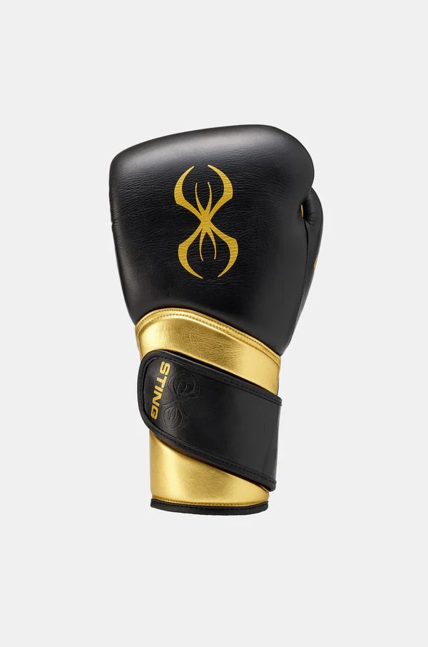 Guantes de Boxeo Sting Viper X, cierre de velcro en Negro y Dorado